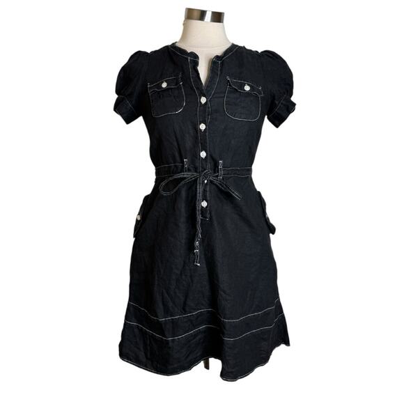 Anthropologie Maeve Black Linen Button Front Tie Waist Dress Womens Size 0 - Picture 1 of 11